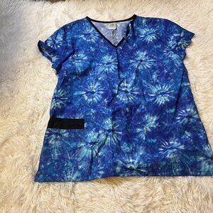 B Scrubs Womens L Short Sleeve Blue Shirt Double Pockets Split Hem Nursing